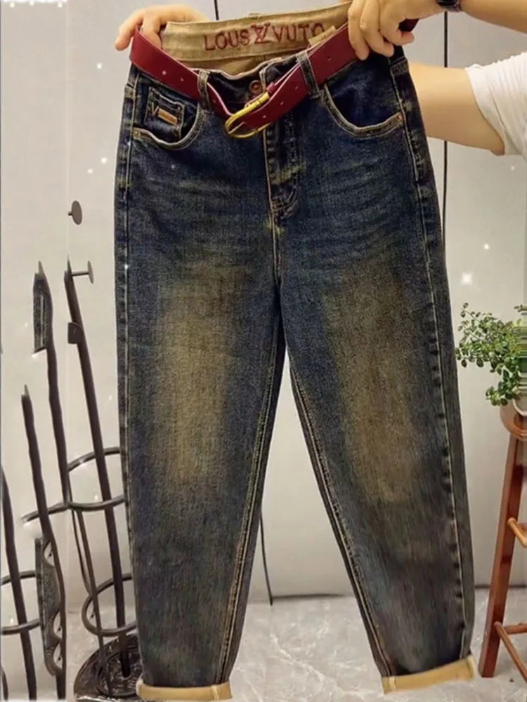 NEW Spring Autumn High Waist Straight Jeans Loose Fit Stretch Haren Denim Pants Ladies Ankle-Length Jeans Pants 2024