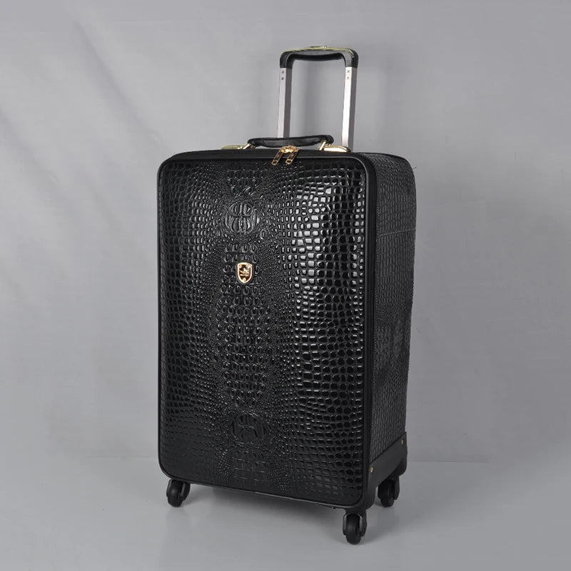 Crocodile pattern leather rolling luggage 16/20/24 inch boarding trolley suitcase real leather men's and women's travel luggage