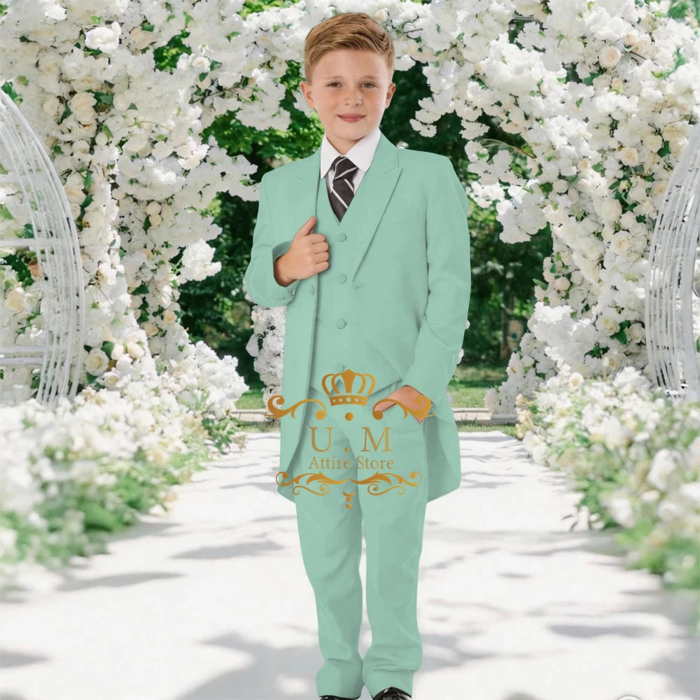 Custom Boys' 3-Piece Tuxedo Set Long Jacket Black Vest Pants Slim Fit Suit for Wedding Birthday Party Children Performances