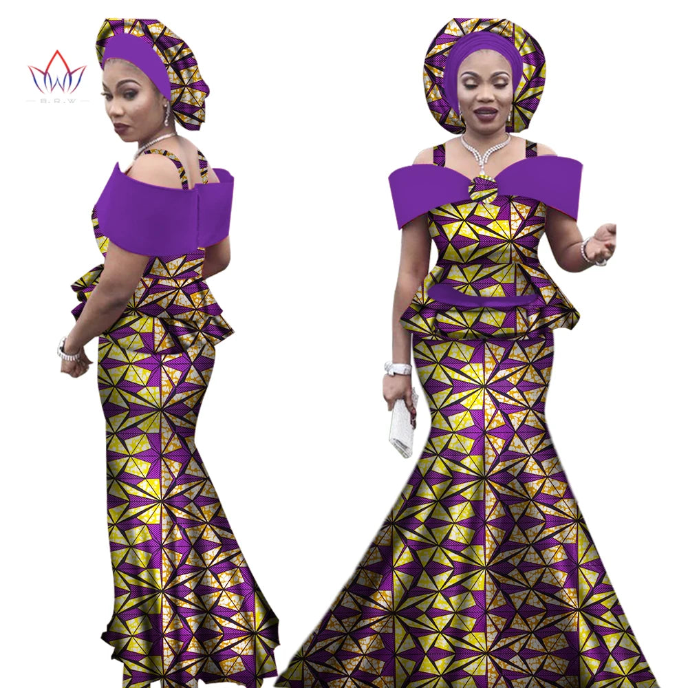 African Outfits with Headtie for Women Dashiki Bazin Print Strap Tops and Long Skirts Women Set African Clothing WY3113