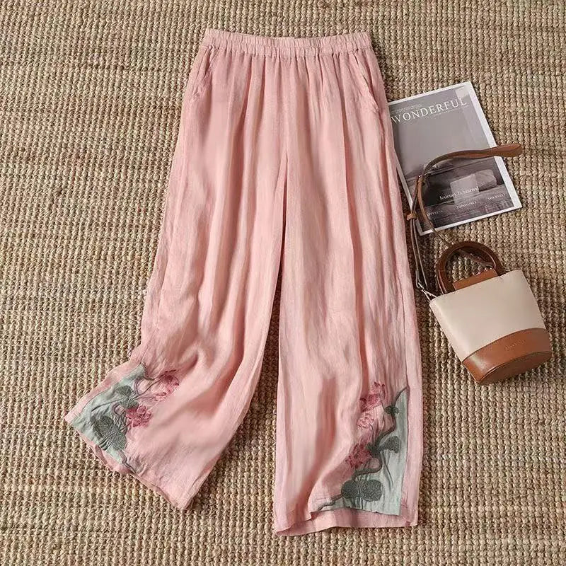 Chinese Style Vintage Embroidery Casual Trousers Women Summer Pants Literature Art National Style Retro Embroidery Bottoms