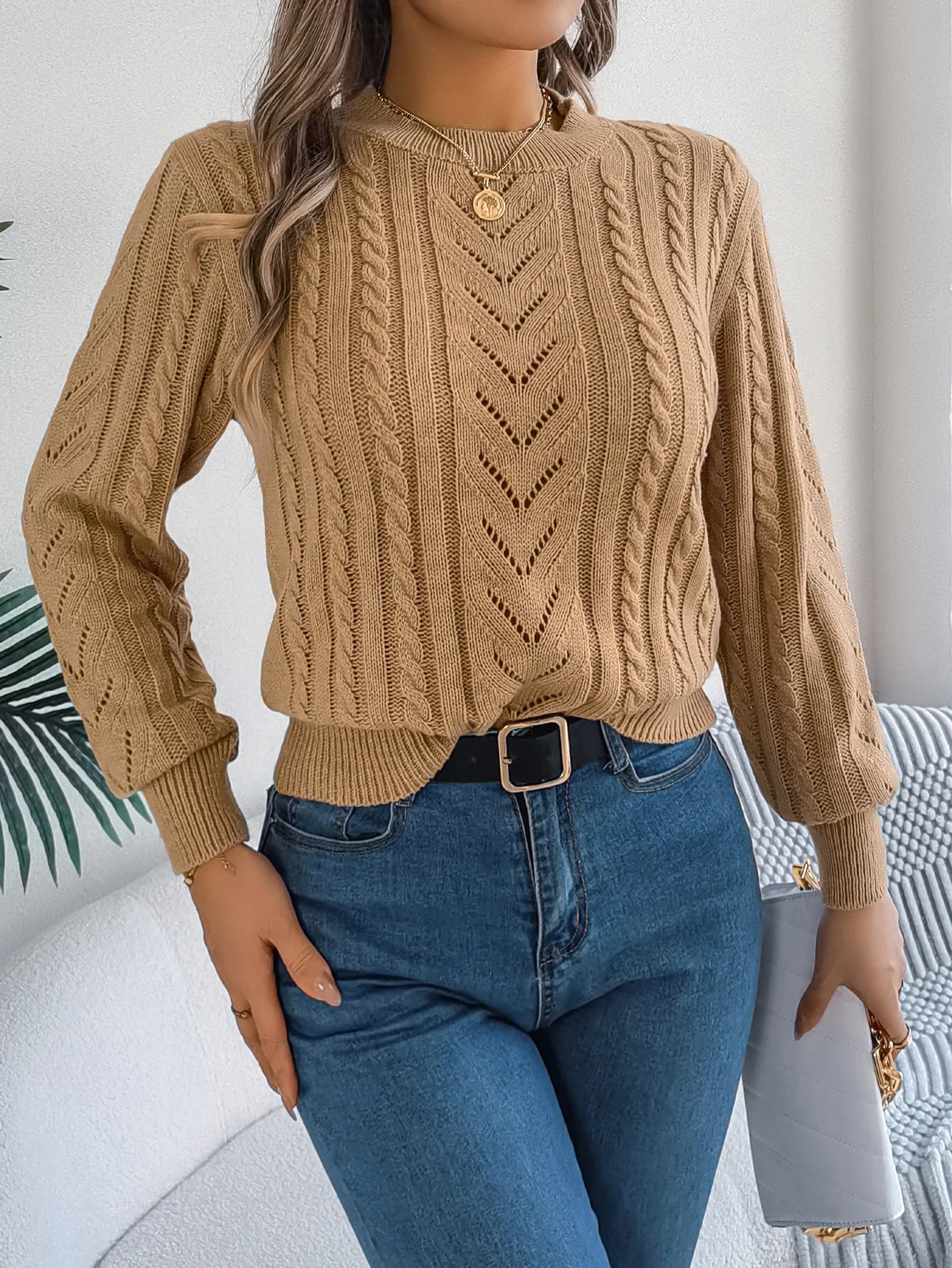 Autumn and Winter Casual Solid Color O-Neck Hollow Out Long Sleeved Pullover Sweater BAZAARHUBO