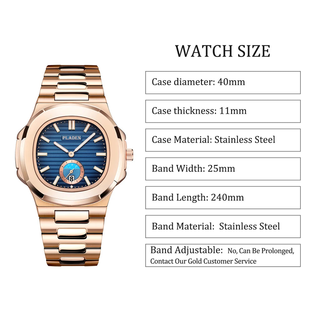 PLADEN Men's Quartz Watch Stylish Business Wristwatches Stainless Steel Calendar Waterproof Watches For Male High Quality New