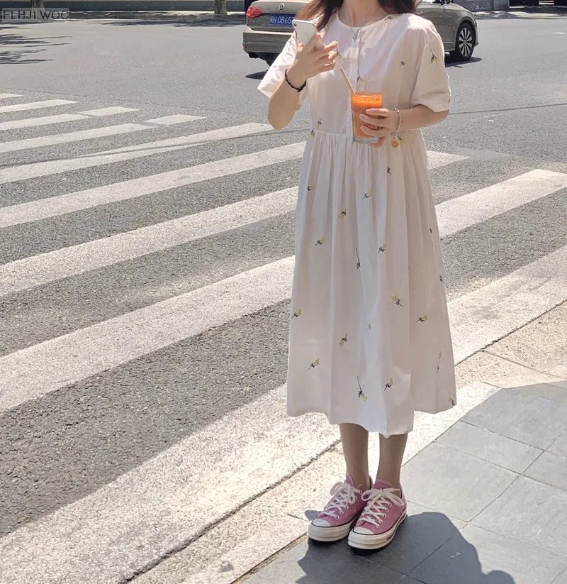 Loose Summer Cute Sweet Japanese Style Girls Flower Embroidery Retro Vintage Single Breasted Button Cotton Blends Shirt Dress