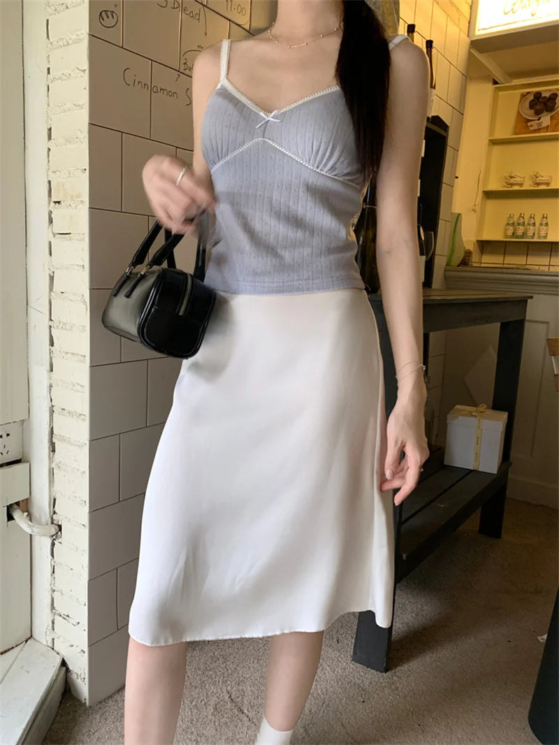 Solid Mermaid Skirts Women American Style Retro Bow Temperament Fashion High Street Slimming Casual All-match Daily Summer Cozy