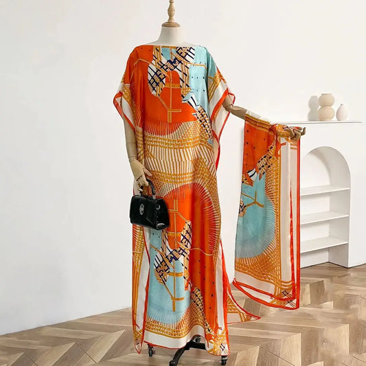 Summer New Fashion African Dresses For Women Elegant Printed Silk Muslim Lady Long Hijab Kaftan Dress Oversize Kuwait Abaya