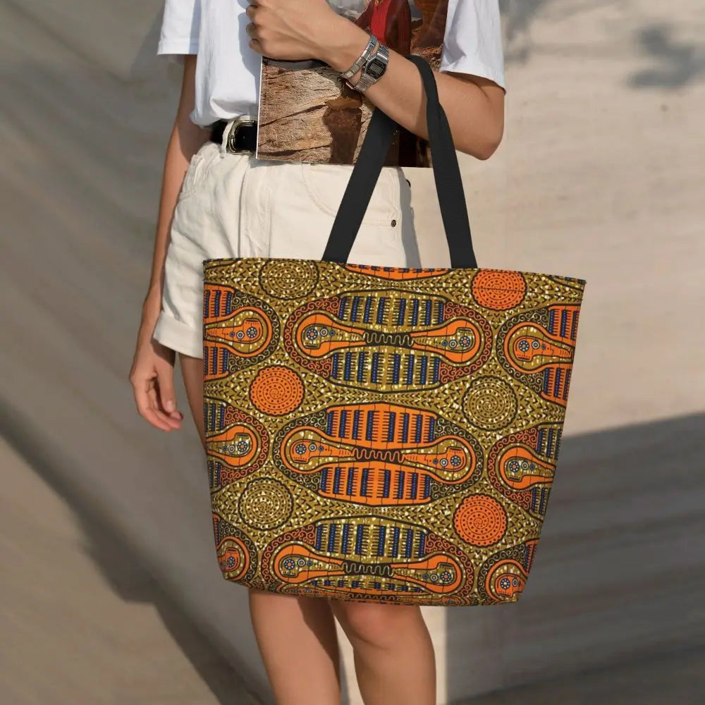 African Ankara Prints Grocery Shopping Tote Bags Women Geometric Ethnic Art Canvas Shoulder Shopper Bags Big Capacity Handbag