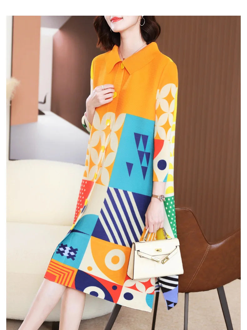 Miyake Pleated Dress Women 2024 Spring New High-End Design Sense Printing Lapel 3/4 Sleeve Single-breasted Fashion Shirt Dresses