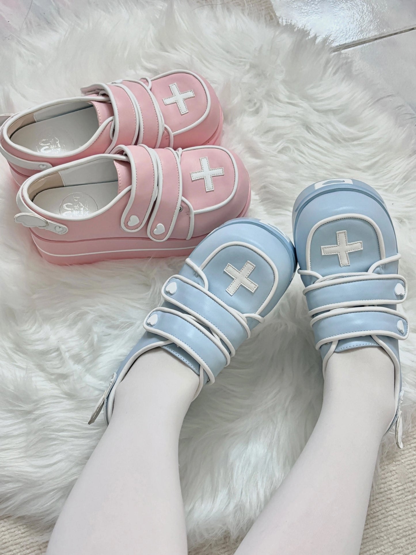 Original Japanese Cute Cross Print Thick-soled Muffin Shoes Subculture Sweet Cool Girl Round Head Pu Leather High Heels Women