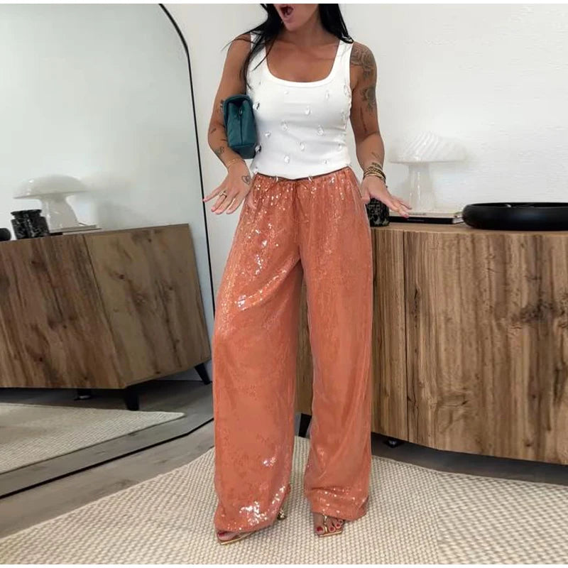 Women Sequin Pants Cinched Waist Glitter Baggy Straight Long Trousers