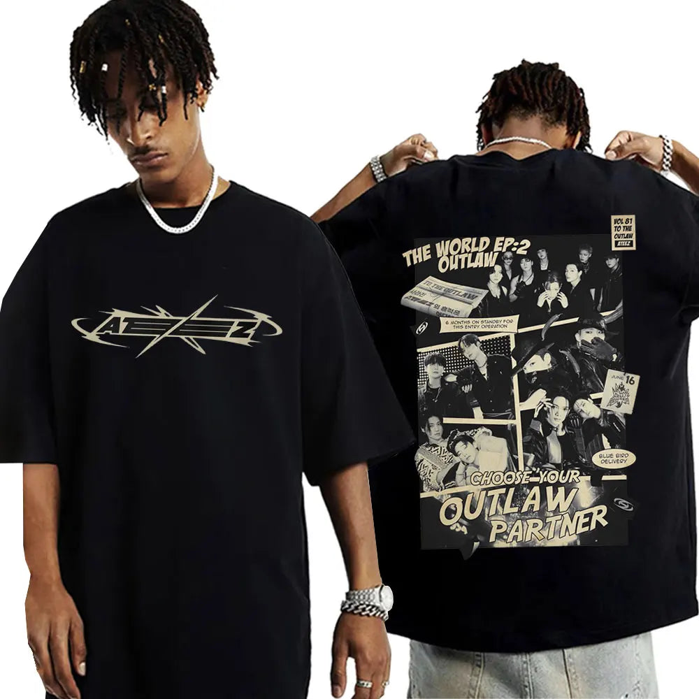 Hot Korean Kpop ATEEZ The World Ep: 2 Outlaw T-shirt 2025 World Tour Towards The Light Will To Power Tshirt Male Fashion Tees