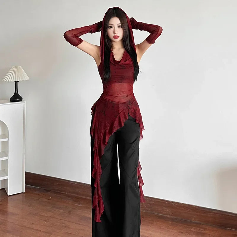 Streetwear 90s Grunge Mesh See Through Hooded Tops Cyber Y2K Irregular Hem Ruffles Hoodie Women Slim Blouse with Cuffs