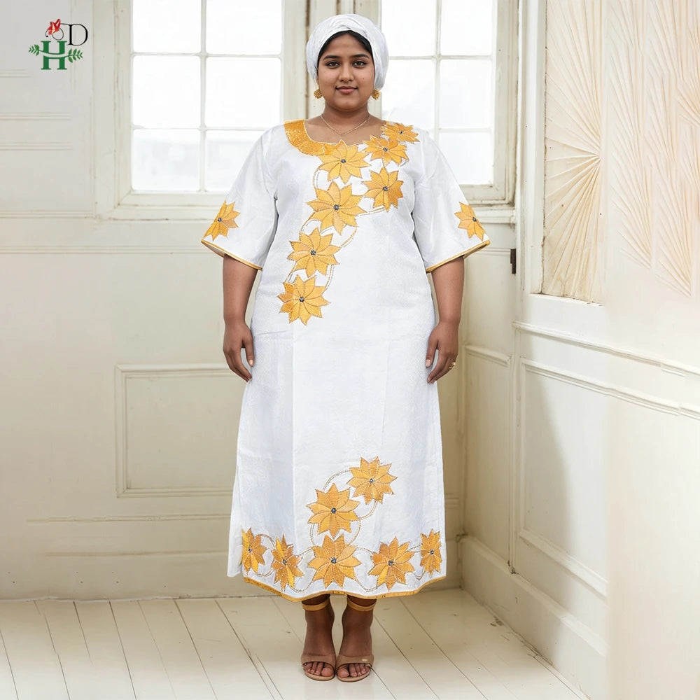 H&D New Style African Clothes For Women Traditional Embroidery Dresses Blue Bazin Women High Quality Party Wedding Occasion