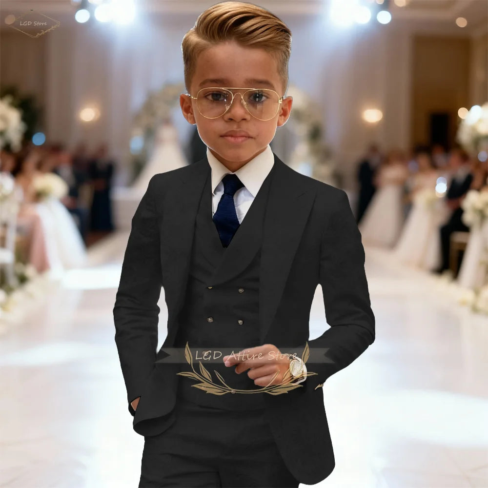 Kids Boys 3 Piece Intricate Jacquard Texture Blazer Suit Vest Trousers Elegant Gentleman Wedding Ceremony Formal Dress
