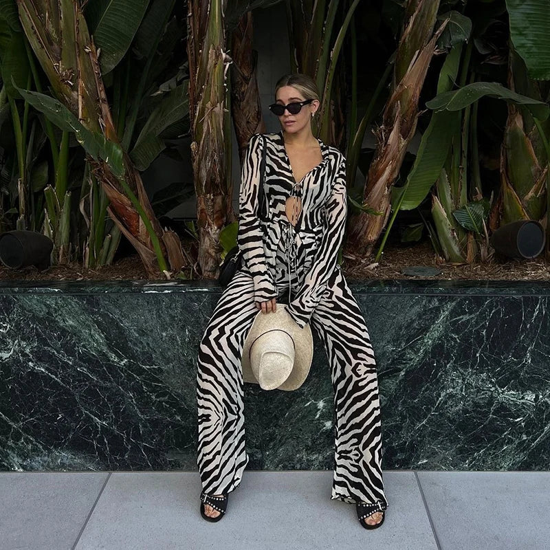 Cryptographic Animal Print Mesh Sheer Stripe Tie Front Detail Top Matching Sets Fashion Outfits 2 Piece Sets Holiday Beachwear