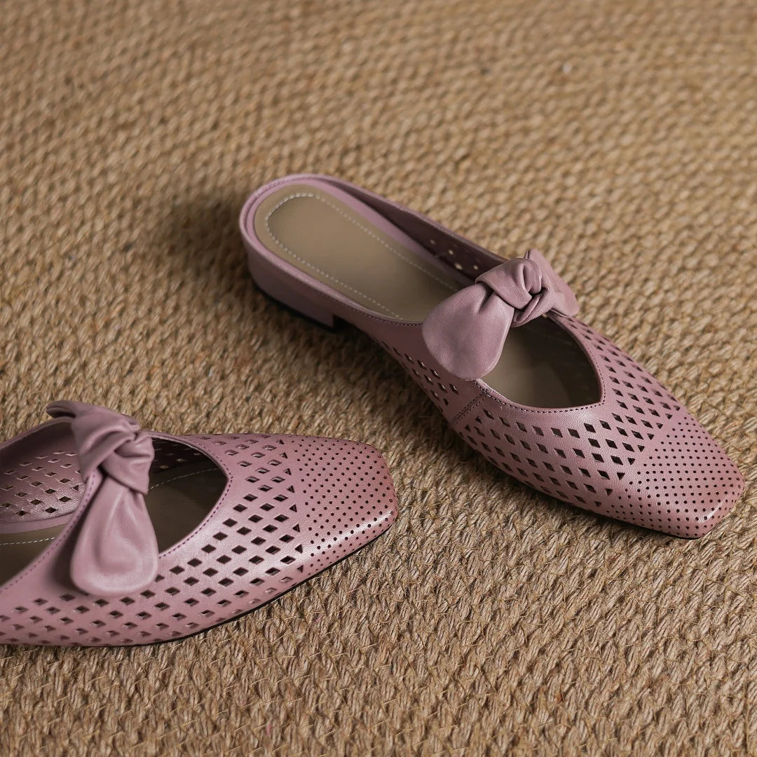 2025 Summer new plus size 34-41 women's hollow-out cow leather slip-on flats summer slides sandals sweet bowtie elegant mules