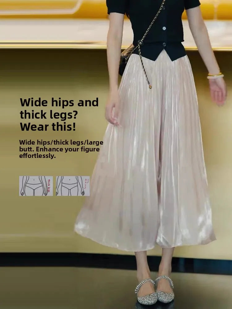 Summer Flowing Ice Silk Wide Leg Pants Women's plus Size Slimming Miniature Eighteen Skirt Pants High Waist Straight Leg Pants