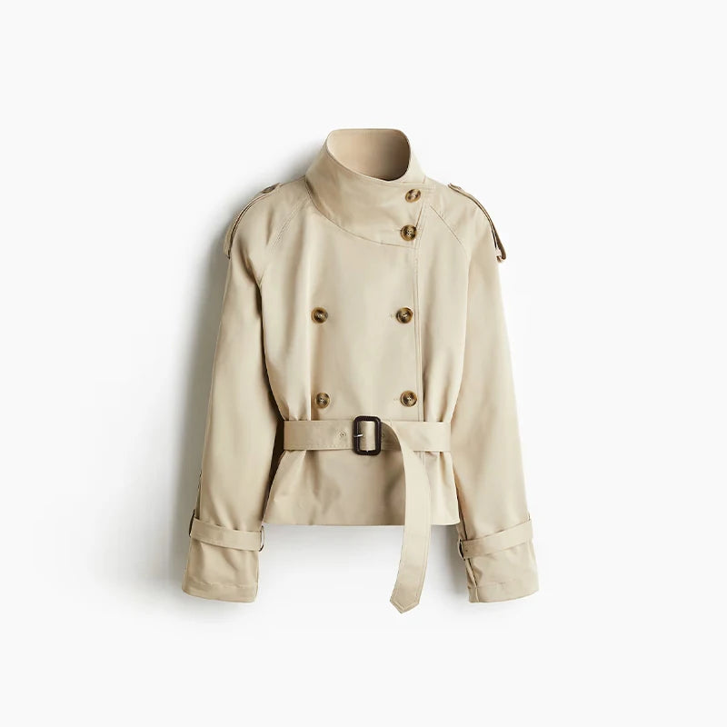 Fashion Women's Short Belt Jackets Long Sleeve Stand Collar Double Breasted Female Coat 2025 Autumn Lady Solid Outwear