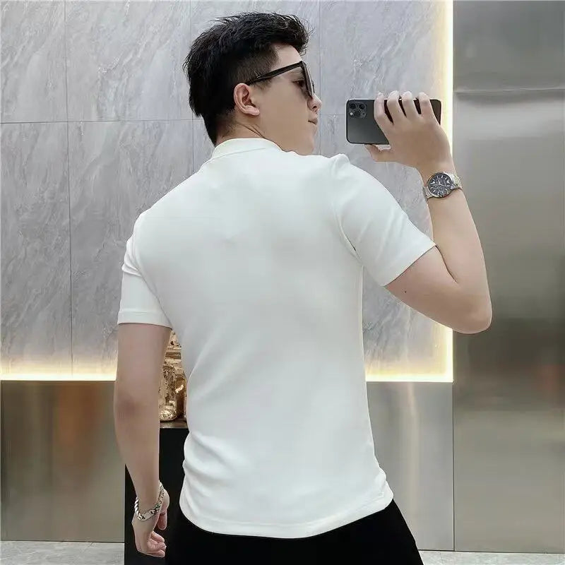 Luxury Rhinestone Summer Men's T-shirt Slim Fit Short Sleeve Casual T-shirt Male Round Neck Business Social Tee Top Men Clothing