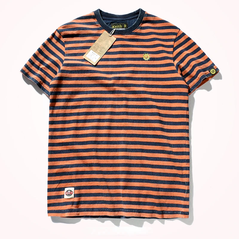 Striped T-shirt Men's Short Sleeve New Pure Cotton Slim Trend Simple Joker Round Neck Old Washed Short Sleeve T-shirt