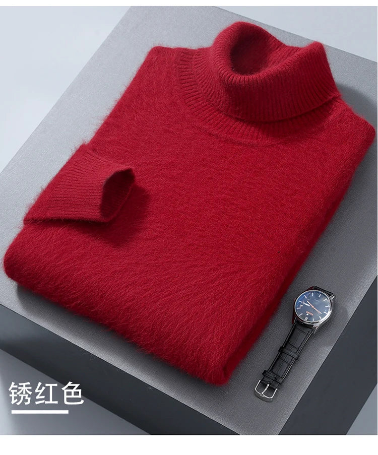 Men's 100% Mink Cashmere Sweater High Lapel Thick Knitted Pullover Casual Large Size Middle-Aged Sweater Autumn Winter New Tops