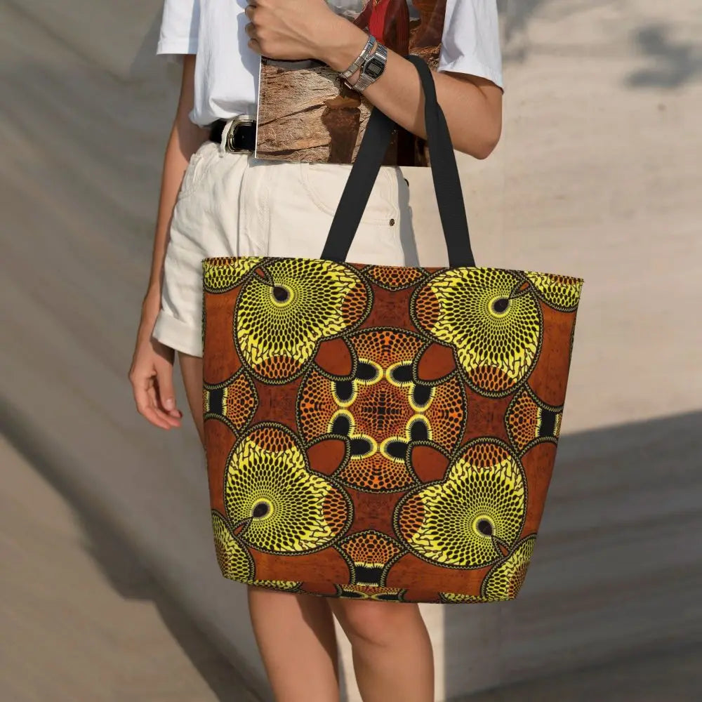 African Ankara Prints Grocery Shopping Tote Bags Women Geometric Ethnic Art Canvas Shoulder Shopper Bags Big Capacity Handbag