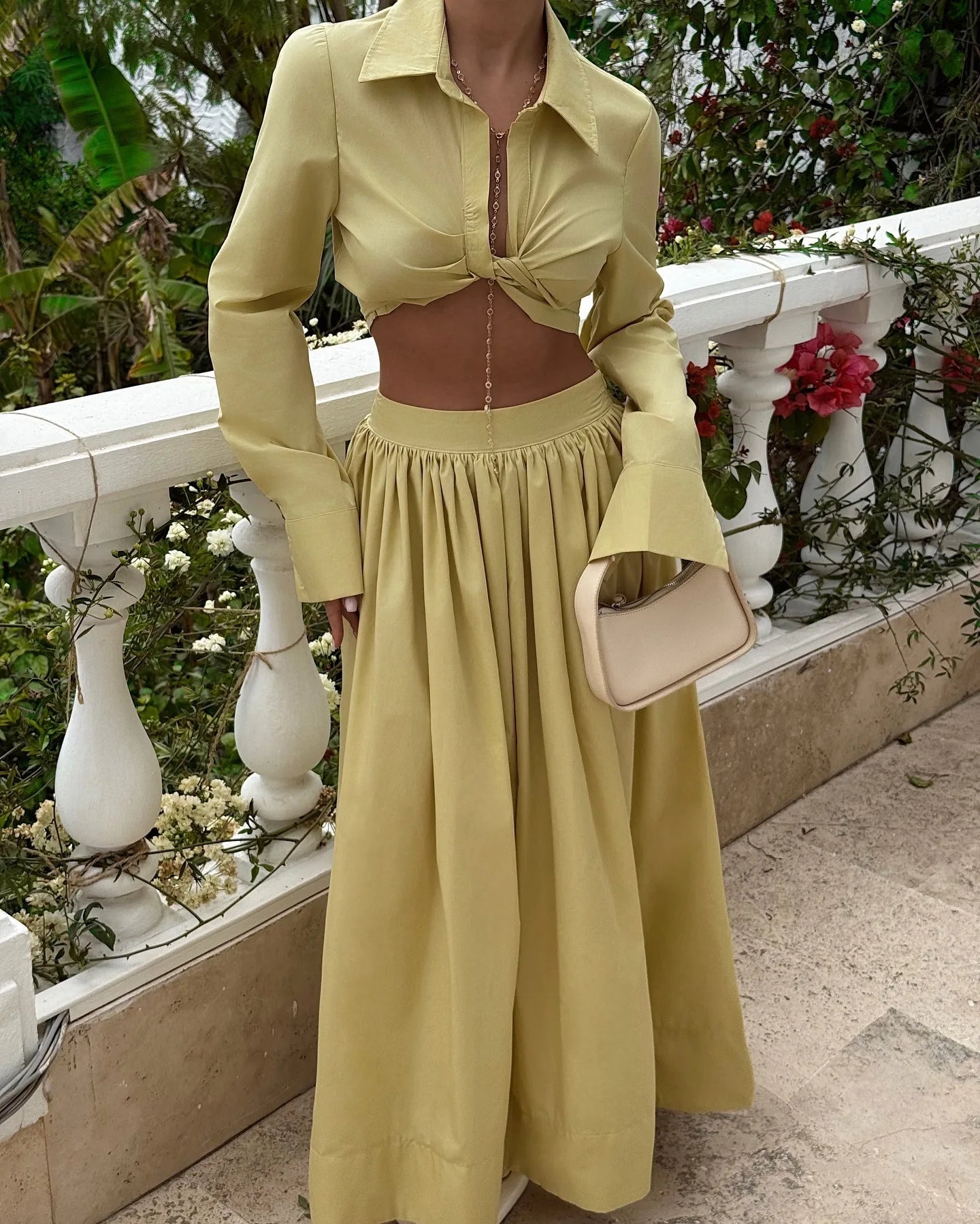 European/American Style Turned Collar, Flared Sleeve Short Top and Skirt Set - African High-end Stylish New Two-piece Set