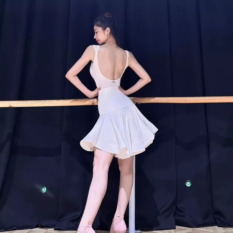 Women Latin Dance Dress Outfits Lace Bra Jumpsuits Tops Ruffled Skirt Adult Female Dance Competition Stage Performance Costumes