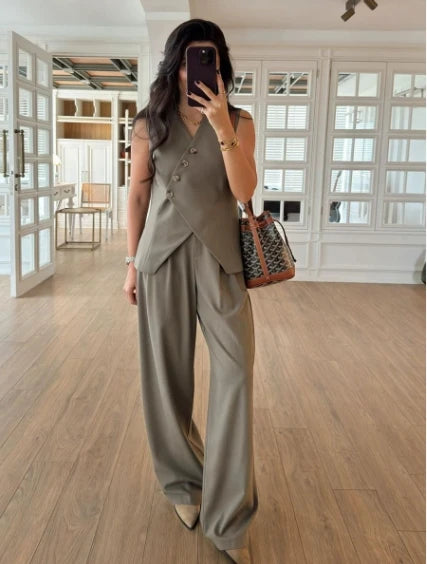 European and American Fashion Casual Set, V-neck Design Sense, Saistcoat, Sigh-waisted Women's suit And Long Pants Wwo-piece Set