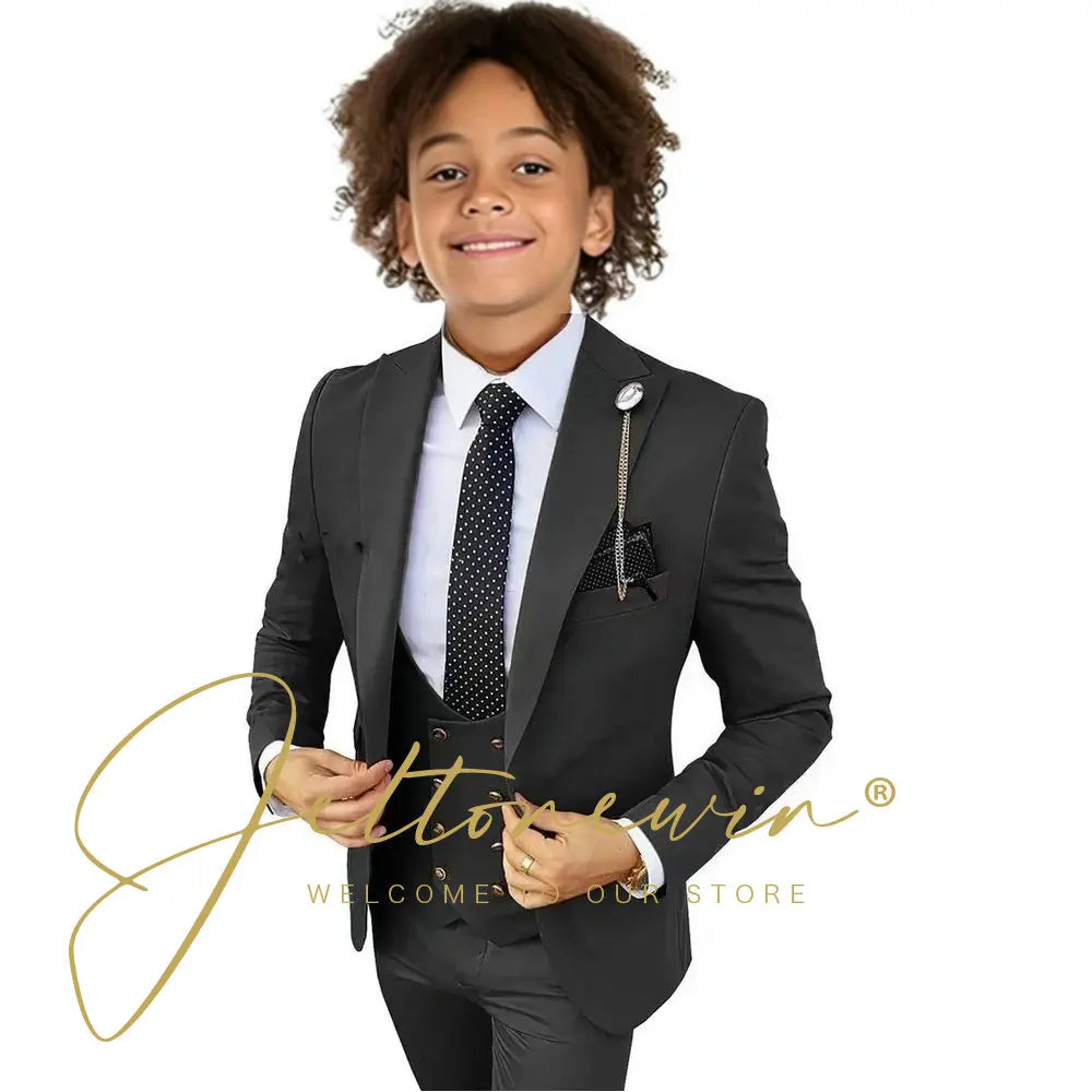 Boys Suit Peak Lapel 3 Pieces Jacket Vest Pants Black Formal Tuxedo Child Blazer Party Dress Wedding Set conjuntos de blazer