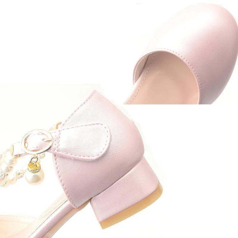 Pink Black White Party Wedding Shoes Children's High Heels Girl Shoe Elegan Pearl Princess Dress Girls Heel Shoes Child 2024 New