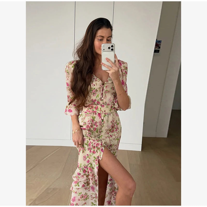 Elegant Floral Printed Woman Summer Dress V-neck Puff Sleeve Split Maxi Dresses For Women Fashion 2026 Women's Casual Gown New