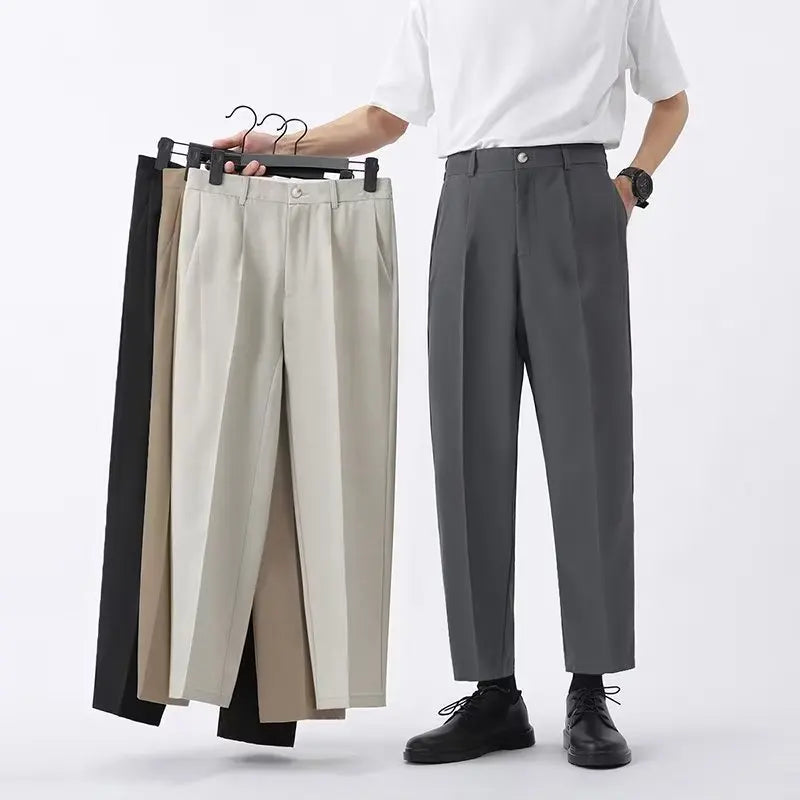Spring and Summer Draped Trousers for Men's Cropped Trousers Straight Loose Men's Light Business Draped Casual Pants