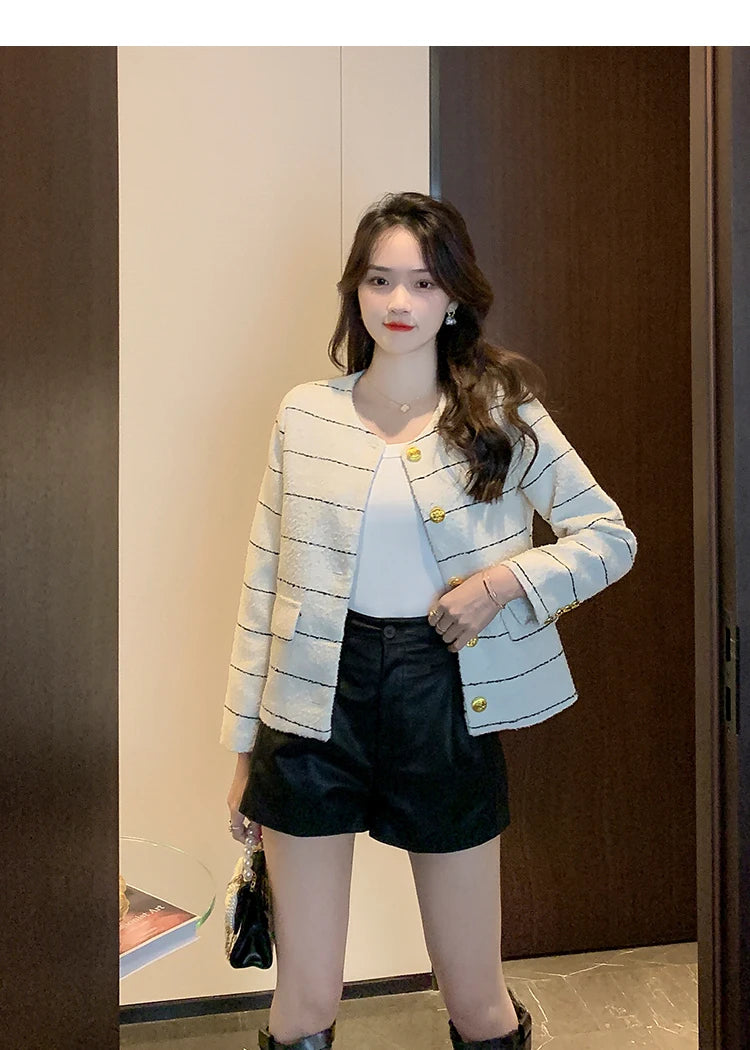 Korean Fashion Casual Small Fragrance Tweed Jacket Coat Women Fall Winter Fried Street Striped Coat Casaco Woolen Outwear Top