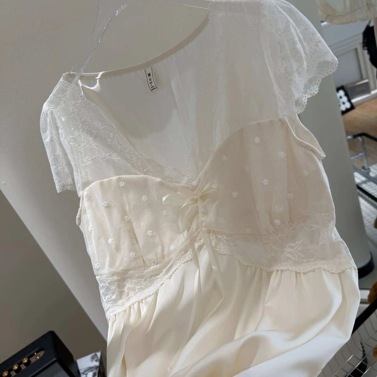 Summer Women Nightdress Sexy Perspective Lace Short Sleeve Nightgown Sexy V-Neck Home Dress Loose Satin Loungewear