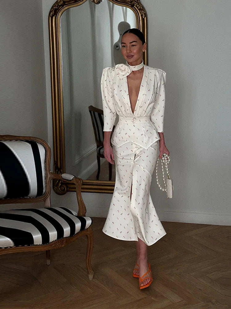 Women Floral Dress Choker Tie Midi Dress Deep V Long Sleeve Belt Waist Club Mini Dress Summer Wear Woman Clothes Daily Outfit