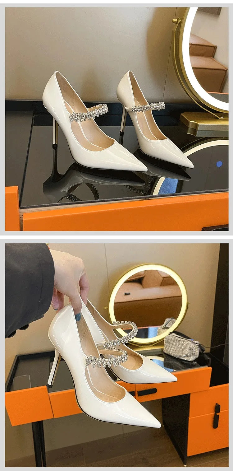 Spring 2025 New French Rhinestone Pointed White High Heels Temperament Patent Leather Shoes Women Wedding Pumps