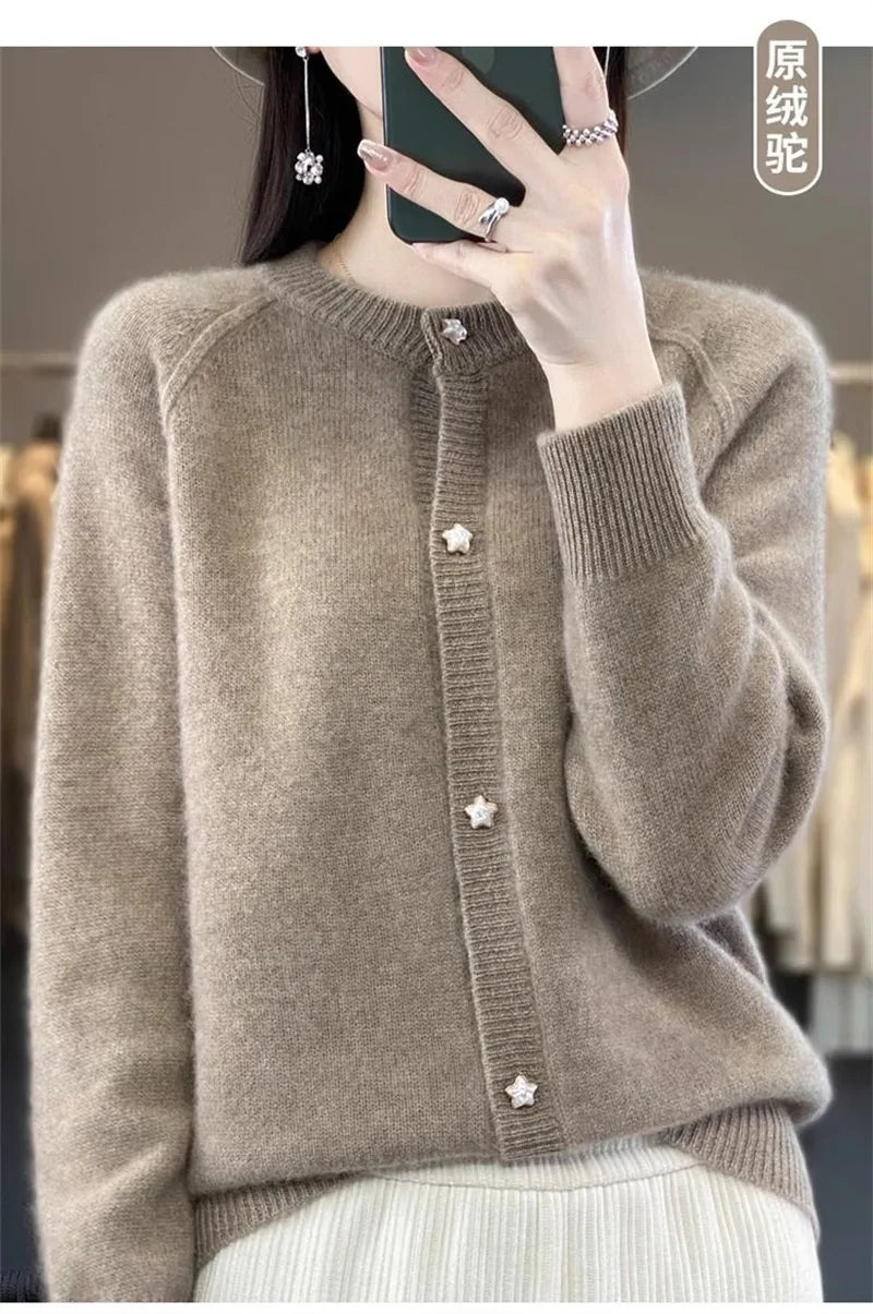 New Women Cardigan Sweater Autumn/Winter Round Neck Star Button Solid Knit Bottoming Shirt Jacket Quality Knitwear Female Tops