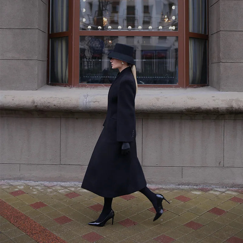 Elegant Long Coat Women V-neck Solid Slim Single-breasted Waist-closed Jackets Lady 2026 Spring Chic Female Streetwear