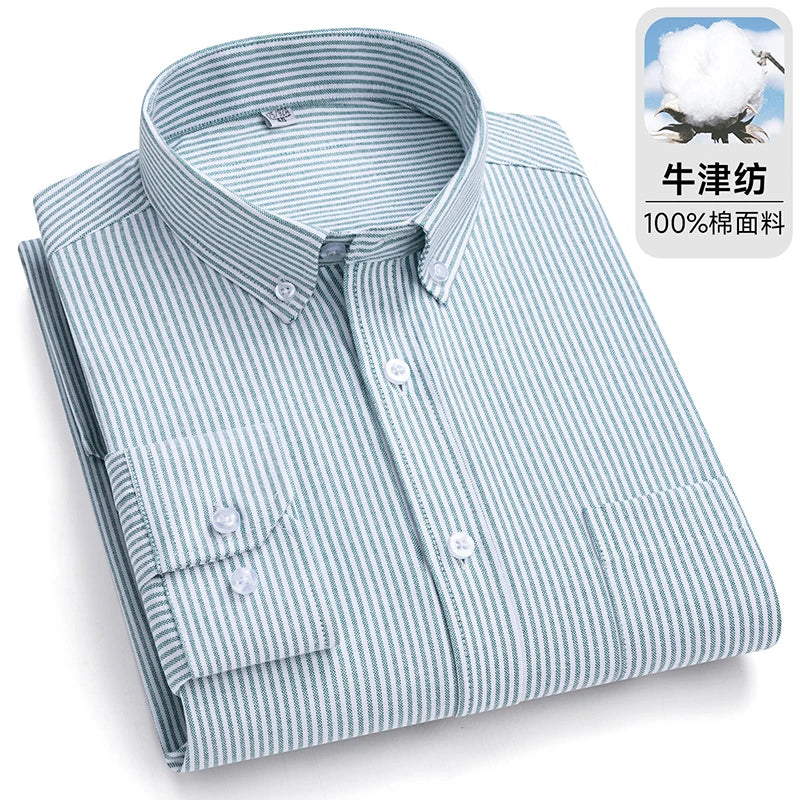 100%Pure Cotton Shirt Long Sleeve  Oxford Casual Solid Color Striped Regular Fit Formal Dress Shirt Men's Clothing 6XL 7XL