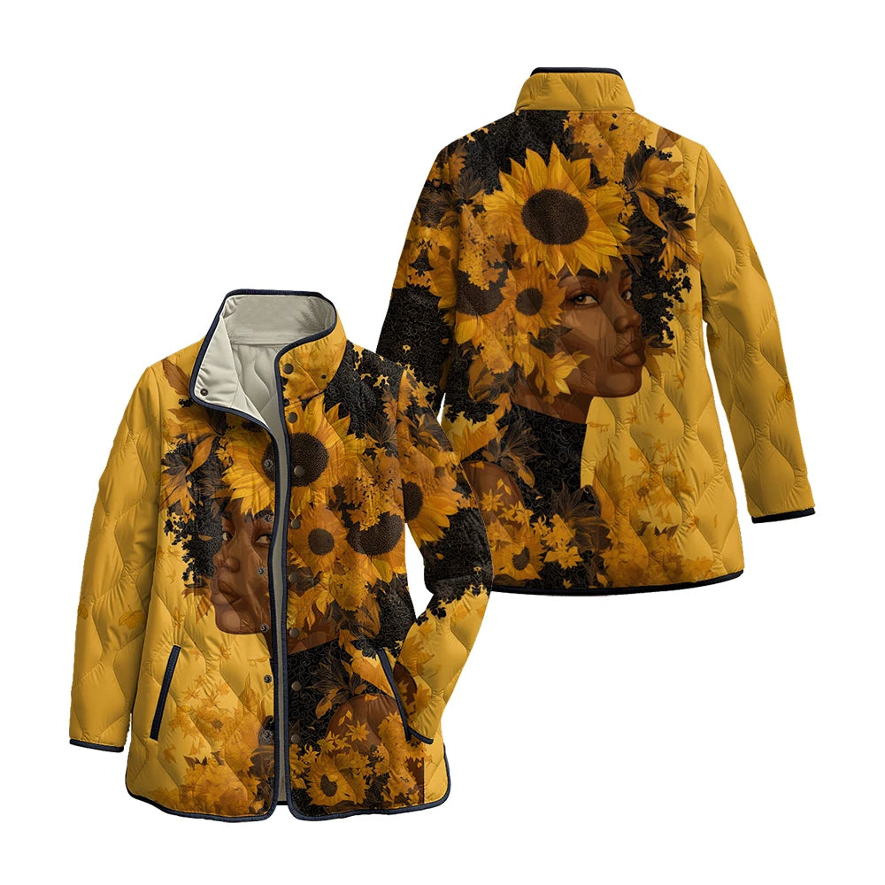 Women's African Art Jackets with Female Profile Florals Pattern Coats Multi-Color Silhouette Patterns Artistic Winter Outerwear
