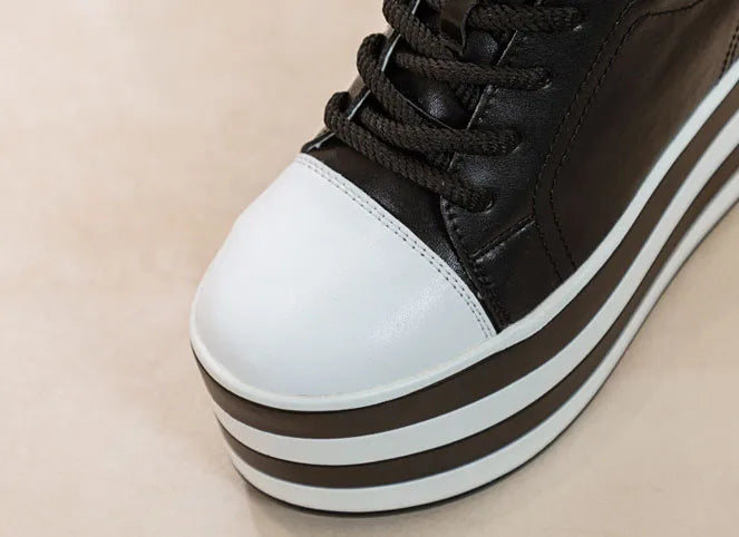 Fujin 12cm Genuine Leather Synthetic Women Autumn Spring Platform Wedge Women Fashion Sneakers Chunky Shoes Vulcanize Skateboard