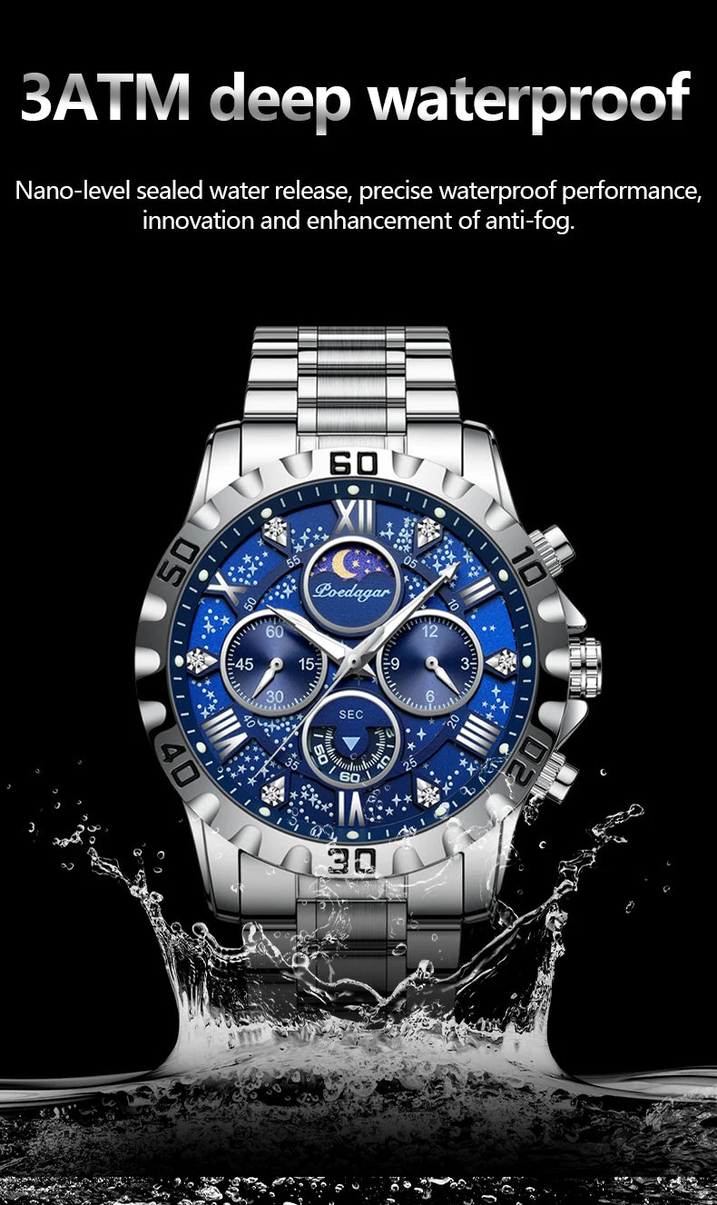 POEDAGAR Trendy Men Watch Chronograph Waterproof Luminous Stainless Steel Man Wristwatch Luxury Business Quartz Watches For Men