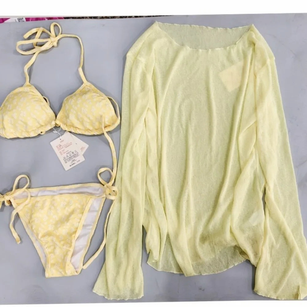 Casual Lace-up Women's Swimwear Set Mesh Transparent Beachwear 4Pieces Bikini Swimsuit Sun Protection Loose Bathing Suit Party