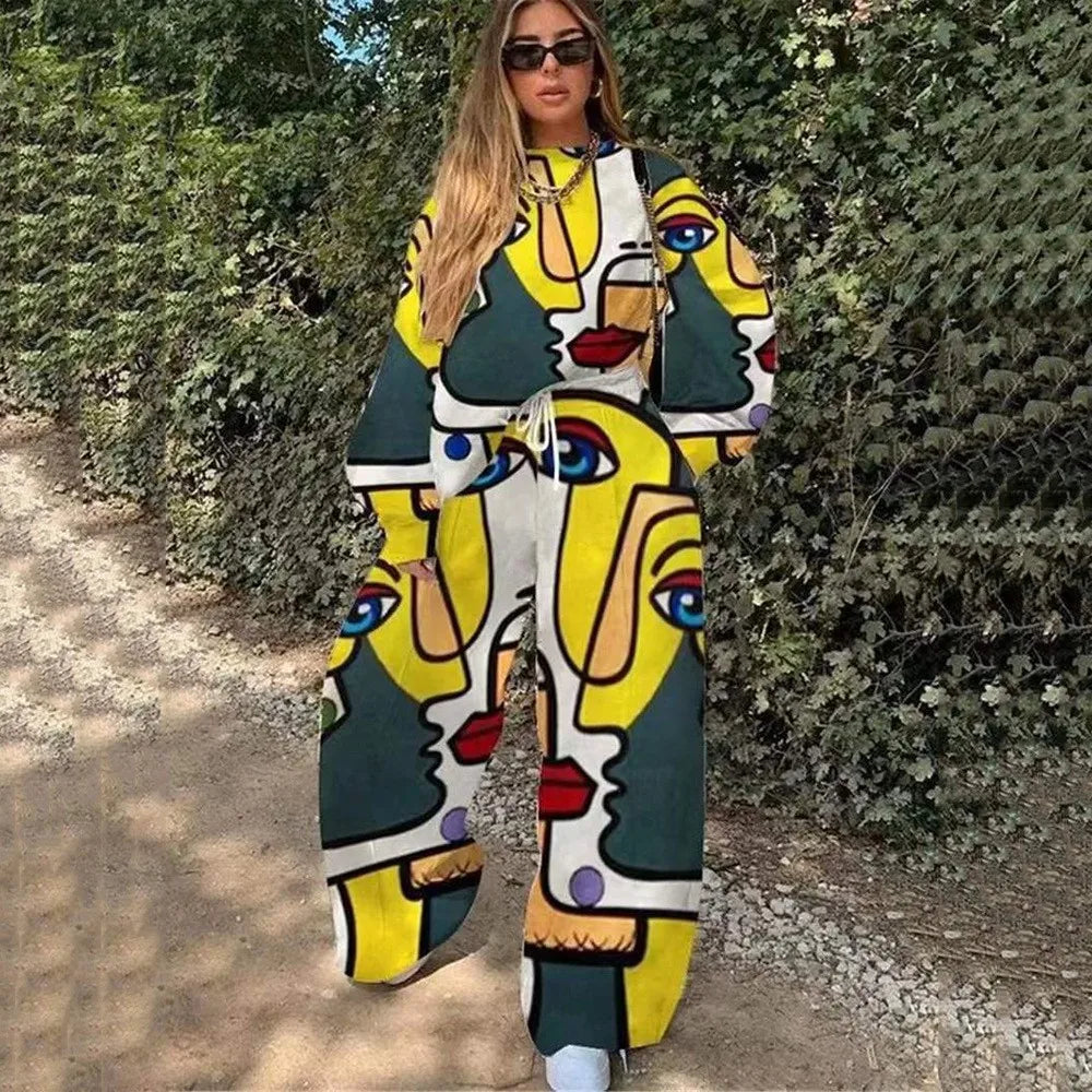 Fashion Print Oversized Tracksuit Suit Women Two Piece Pants Sets Casual Sweatshirt Trousers Streetwear 2 Piece Set Lady Outfit