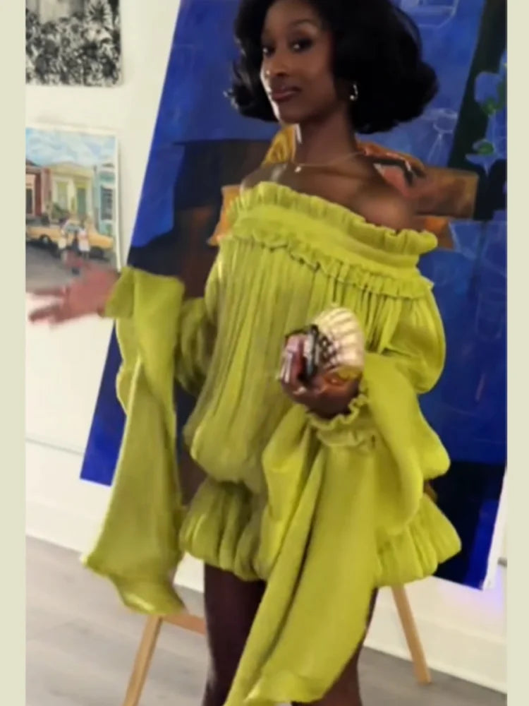 Women's Y2k Off Shoulder Pleated Mini Dress Elegant Lime Green Flare Long Sleeve Ruffle Hem Bubble Vestidos Date Party Dresses