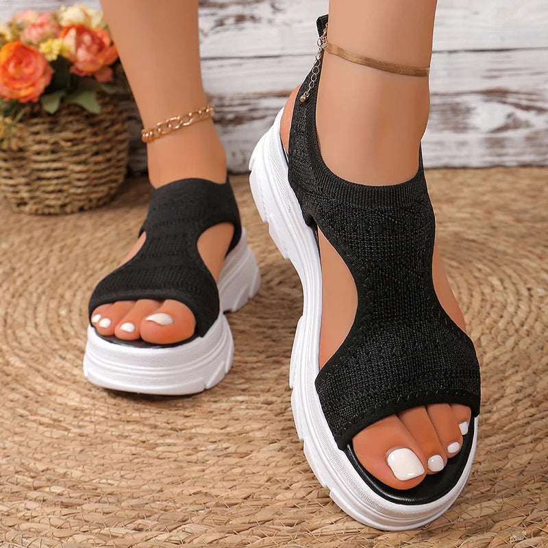 Hollow Out Knit Platform Sandals for Women 2025 Summer Fashion Breathable Sports Sandals Woman Thick Sole Non Slip Walking Shoes