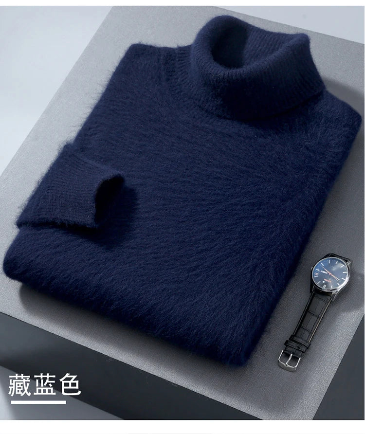 Men's 100% Mink Cashmere Sweater High Lapel Thick Knitted Pullover Casual Large Size Middle-Aged Sweater Autumn Winter New Tops