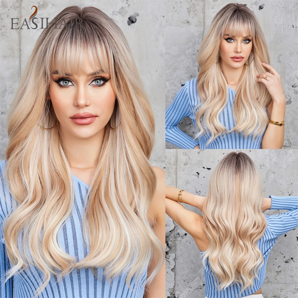 EASIHAIR Dark Brown Long Curly Synthetic Wig with Bangs Brown Women's Wigs for Cosplay Daily Use Heat Resistant Natural Hair