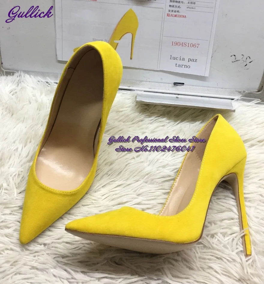 Gullick Women Hot Pink Suede High Heel Shoes 12Cm 10Cm 8Cm Stilettos Slip-On Pointed Toe Wedding Shoes Shallow Pumps Size45